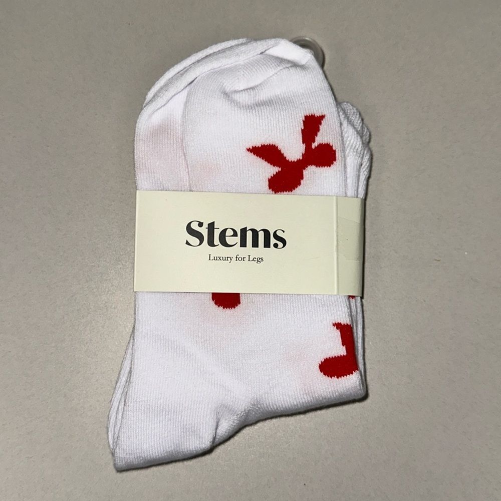 Stems 1 Pair White Red Bowtie Print Cotton Blend Stretch Knit Luxury Socks